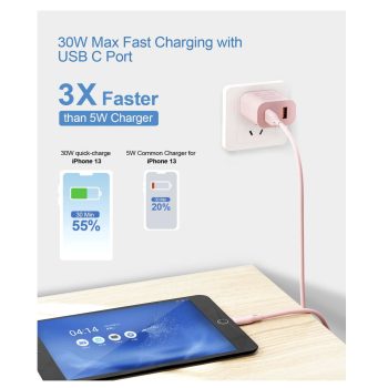 30W Dual Ports Type C Fast Charging 2 in 1 Block Pink 1