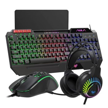AULA Rainbow LED Backlit Gaming Keyboard Mouse Headset and Mousepad Combo USB Wired Bundle for PC