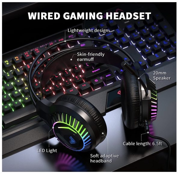 AULA Rainbow LED Backlit Gaming Keyboard Mouse Headset and Mousepad Combo USB Wired Bundle for PC 2