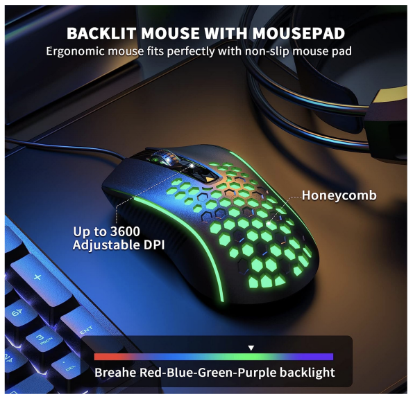 AULA Rainbow LED Backlit Gaming Keyboard Mouse Headset and Mousepad Combo USB Wired Bundle for PC 3