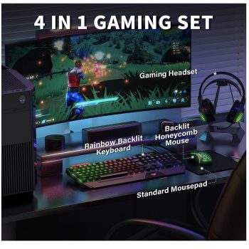 AULA Rainbow LED Backlit Gaming Keyboard Mouse Headset and Mousepad Combo USB Wired Bundle for PC