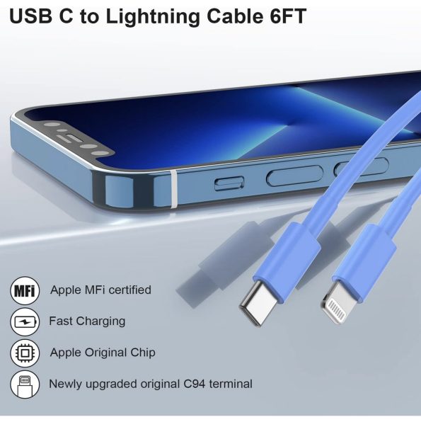 Apple MFi Certified USB C to Lightning Cable Basic 6 FT Blue