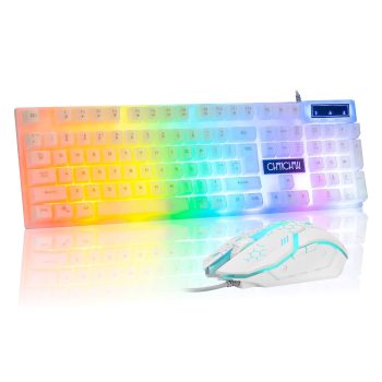 CHONCHOW 104 Keys Rainbow Backlit Keyboard and 7 Color RGB Mouse Combo USB White