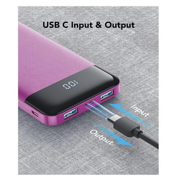 Charmast Slim Portable Charger USB C 3A Fast Charging 10400mAh with LED Display Pink