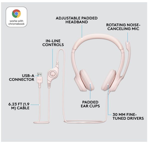 Logitech H390 Wired Headset Noise Cancelling Microphone USB In Line Controls Rose Pink 3