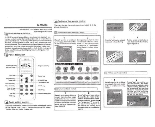 Universal 1000 in 1 Replacement Air Conditioner Remote Controller Manual