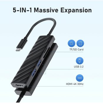 5 in 1 USB C Multiport Adapter to HDMI 4K 30Hz USB 3.0 SD Card Reader