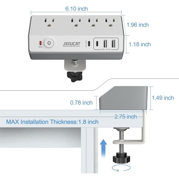 Desk Clamp Power Strip Surge Protector with 4 Outlets