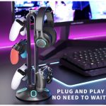 Gaming RGB Headphone Stand and Controller Holder with 9 Light Modes 2 USB Charging Ports Type C 3.5mm Jack Black
