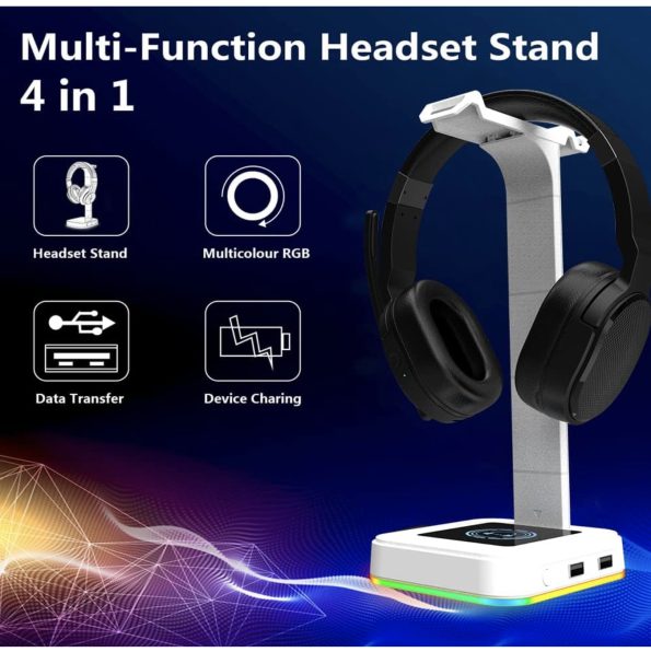 Lomiluskr D9 RGB Headphone Stand with 2 USB Ports White 1