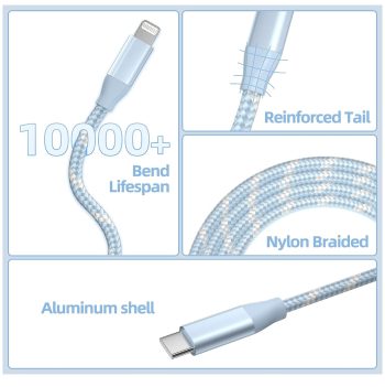 Nylon Braided Fast Charging Sync USB C to Lightning Charger Cable Light Blue