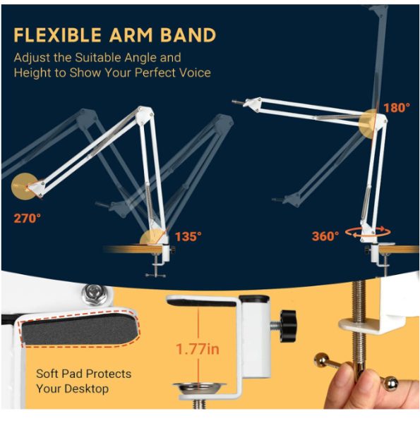 Adjustable Microphone Arm and Phone Stand %E2%80%93 with Pop Filter %E2%80%93 2 Mic Clip %E2%80%93 38%E2%80%B3 to 58%E2%80%B3 Adapter %E2%80%94 WHite 2