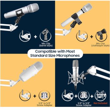 Adjustable Microphone Arm and Phone Stand %E2%80%93 with Pop Filter %E2%80%93 2 Mic Clip %E2%80%93 38%E2%80%B3 to 58%E2%80%B3 Adapter %E2%80%94 WHite 5