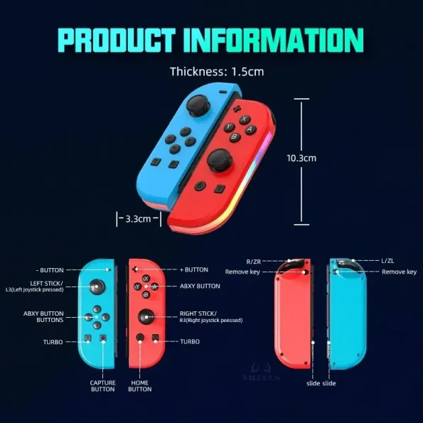 Nintendo Switch Compatible Wireless Left and Right Joycon Controllers Dual Vibration and Motion Control Supported Red Blue RGB