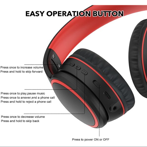 RORSOU B10 Bluetooth Over Ear Headphones Black Red 2