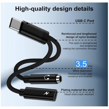 USB Type C Fast Charger Cable 3.5mm Headphone Adapter