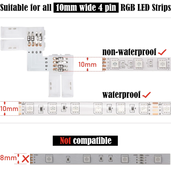 L Shape 4 Pin LED Connector with 10mm Clips for Strip Lights