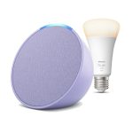 Amazon Echo Pop Full sound compact smart speaker with Alexa Purple and Phillips Bulb