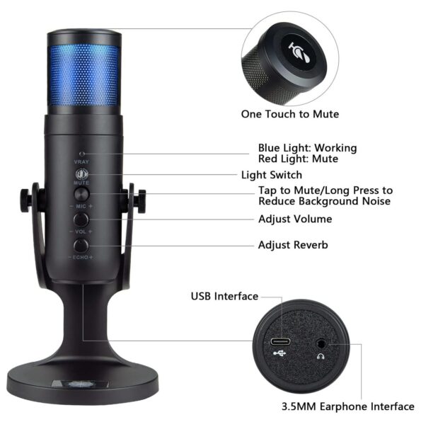 Dynamic RGB Lighting USB Gaming Condenser Mic - Black 7