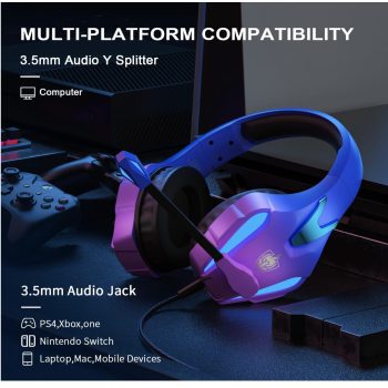 PHOINIKAS LED Lit Over Ear Gaming Headset with Noise Cancelling Mic 7.1 Stereo Sound - for PS4 PC PS5 Xbox - Violet 1