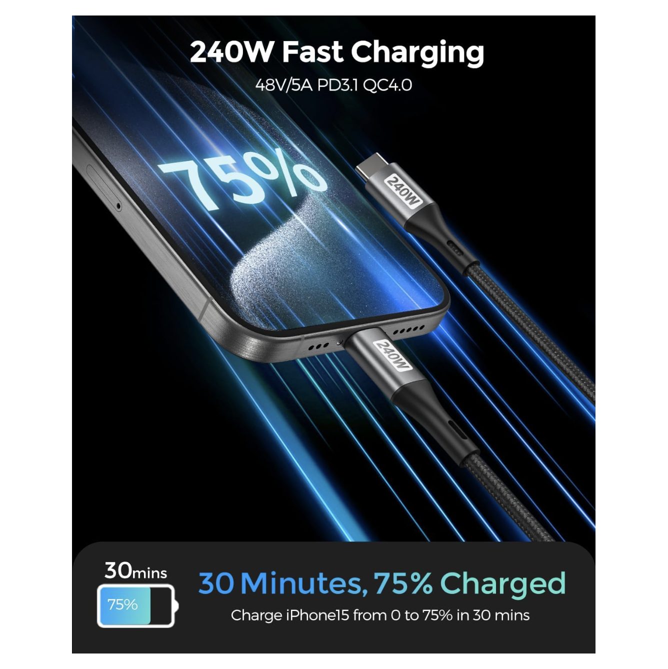 240W:100W USB C to USB C Fast Charging - PD 3.1 - 6.6FT 1 240W:100W USB C to USB C Fast Charging - PD 3.1 - 6.6FT 1