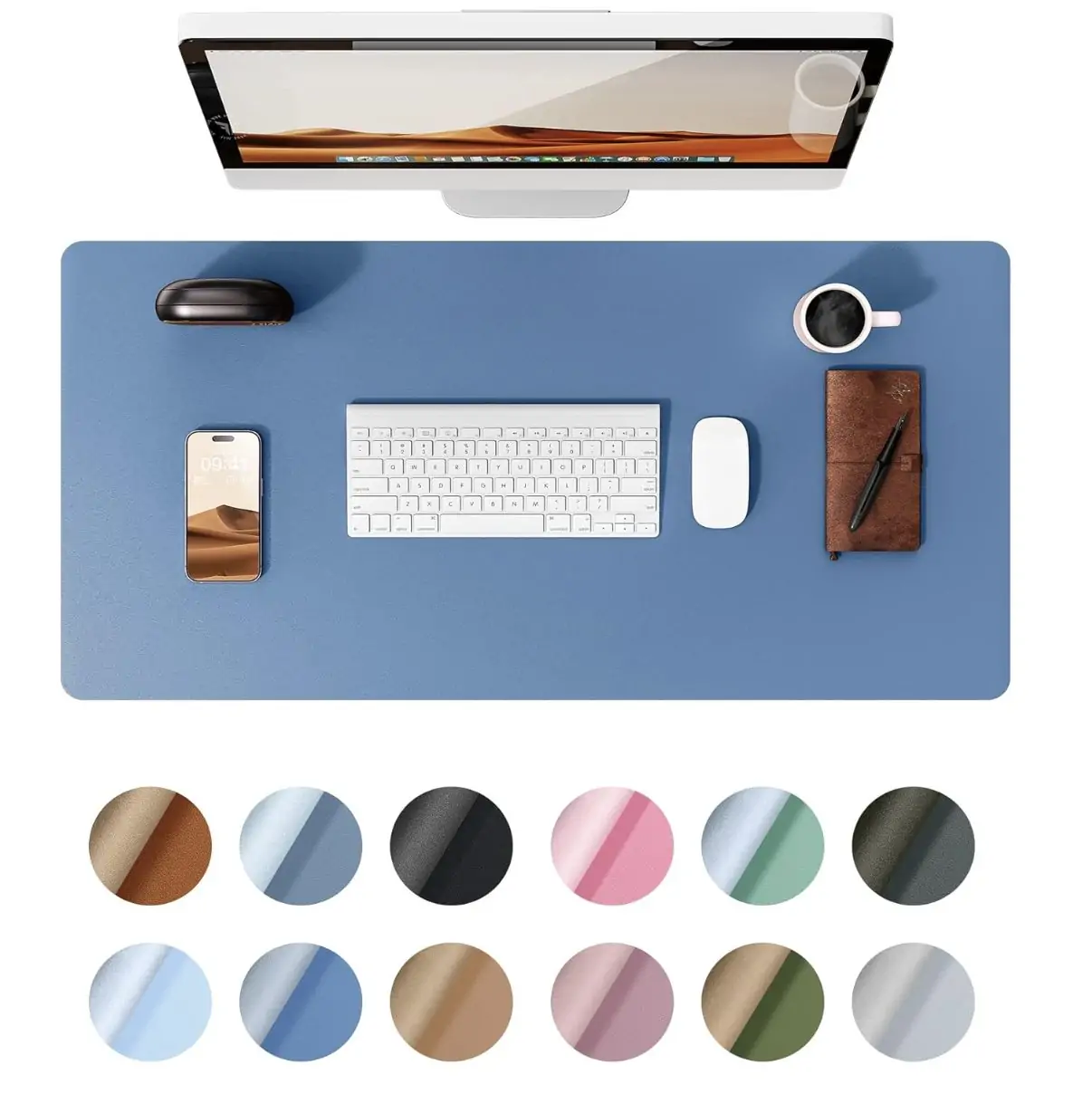 Non-Slip Waterproof PU Leather Desk Pad Protector Mouse Pad - Sea Blue