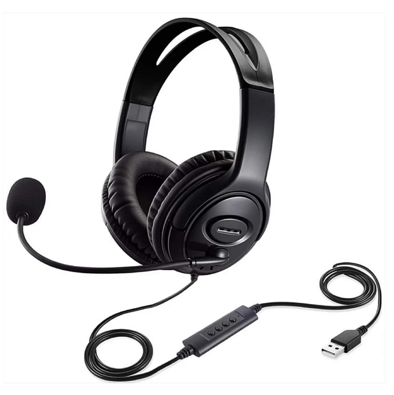 Wired USB Headset with Microphone - Black - Full Ear Cups