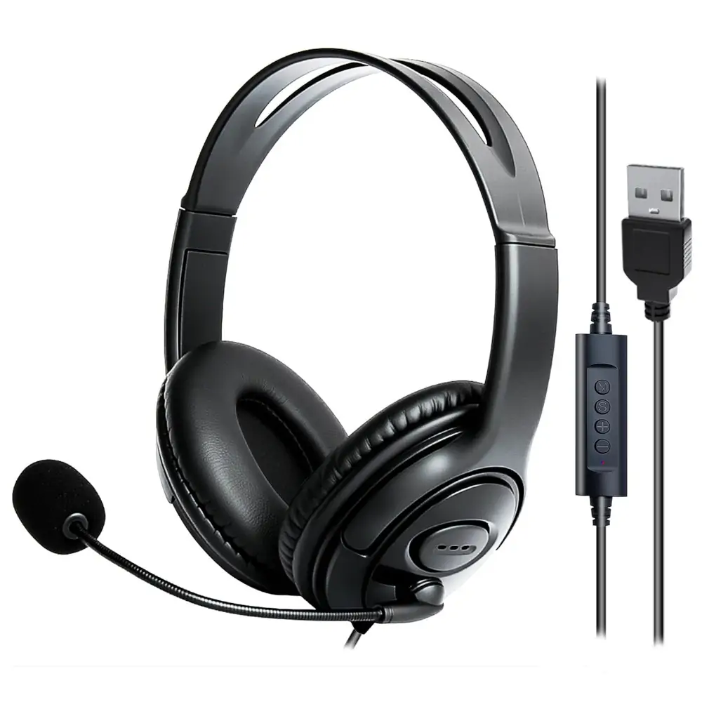 Wired USB Headset with Microphone - Black - Full Ear Cups1