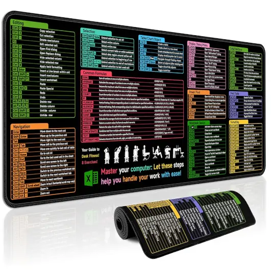 XL Large Mouse Pad with Excel Cheat Sheet - 31.5 x 11.8in - Black