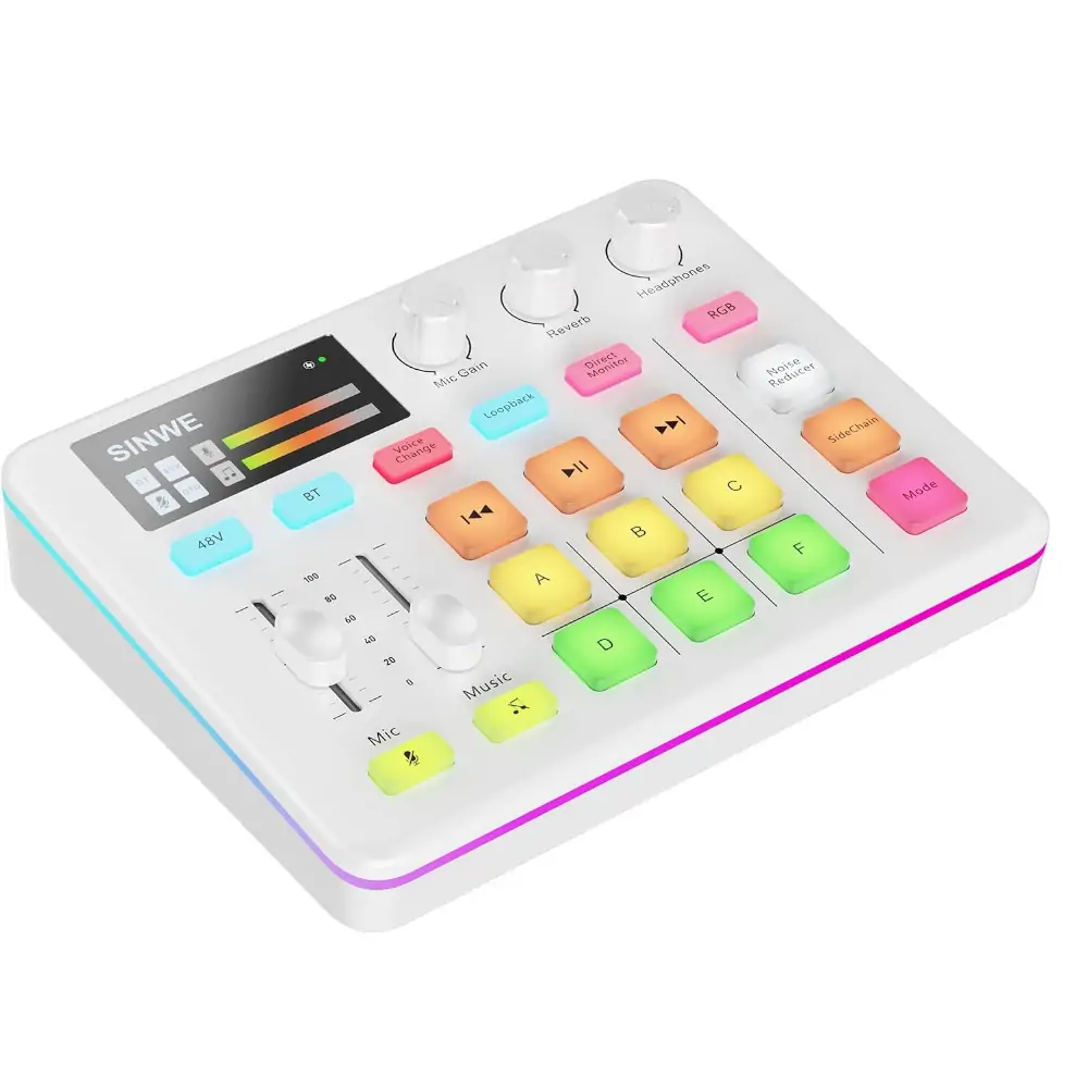 SINWE G1 Audio Mixer - RGB Audio Interface with Pro-preamp - Bluetooth - XLR:48V Phantom Power for Live Streaming - White