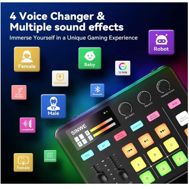 SINWE G1 Audio Mixer - RGB Audio Interface with Pro-preamp - Bluetooth - XLR:48V Phantom Power for Live Streaming - White1