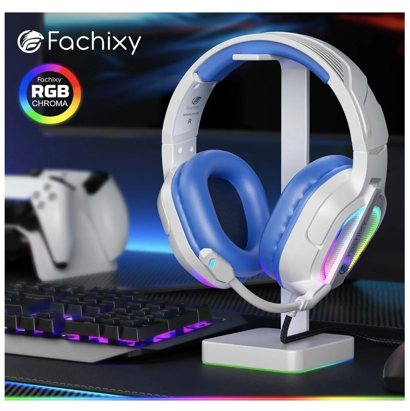 Fachixy FC200 Gaming Headset with Noise Canceling Stereo Microphone Sound - 3.5mm Jack - RGB Light - White Blue Lining1