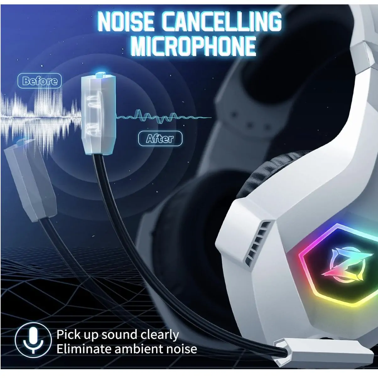 Gaming Headphone with Noise Cancelling Microphone and RGB Lighting - White1
