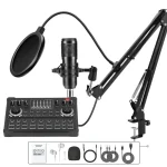 M3+BM800 Podcast Equipment Bundle – XLR Condenser Mic Scissor Kit and Audio Interface – Live Sound Card – Black