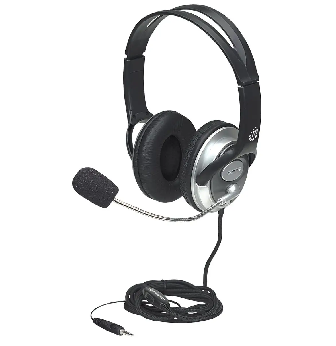 MANHATTAN Wired Headset with Microphone - 8 ft Long Braided Stereo Cable - Single 3.5mm and USB A Jack - Volume Control