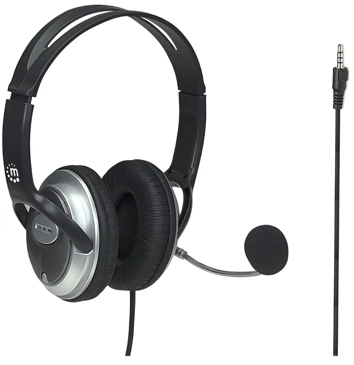 MANHATTAN Wired Headset with Microphone - 8 ft Long Braided Stereo Cable - Single 3.5mm and USB A Jack - Volume Control1
