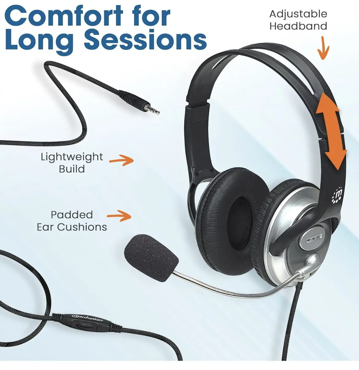 MANHATTAN Wired Headset with Microphone - 8 ft Long Braided Stereo Cable - Single 3.5mm and USB A Jack - Volume Control3 MANHATTAN Wired Headset with Microphone - 8 ft Long Braided Stereo Cable - Single 3.5mm and USB A Jack - Volume Control3