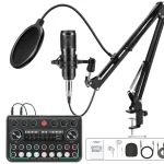 P999+BM800 Podcast Equipment Bundle – XLR Condenser Mic Scissor Kit and Audio Interface – Live Sound Card – Black