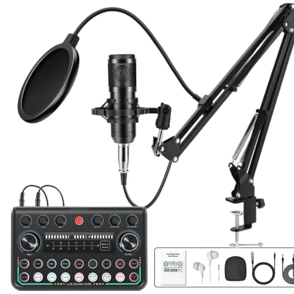 P999+BM800 Podcast Equipment Bundle - XLR Condenser Mic Scissor Kit and Audio Interface - Live Sound Card - Black