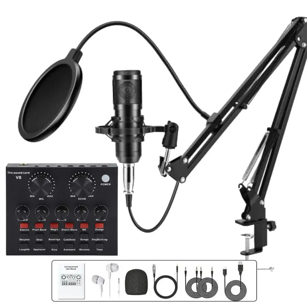 V8+BM800 Podcast Equipment Bundle - XLR Condenser Mic Scissor Kit and Audio Interface - Live Sound Card - Black