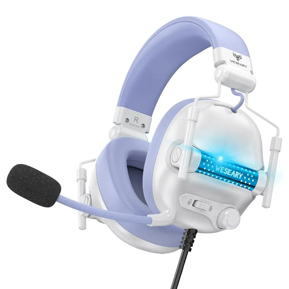 Wired Surround Sound Gaming Headphones with ENC Noise-Canceling Mic  - 50mm Drivers - Soft Memory Foam Earcups - Purple:White