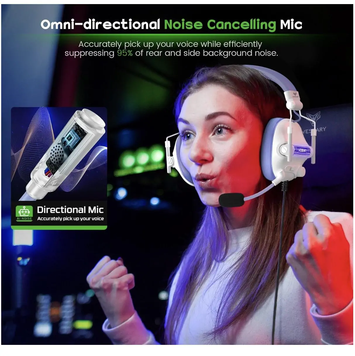 Wired Surround Sound Gaming Headphones with ENC Noise-Canceling Mic - 50mm Drivers - Soft Memory Foam Earcups - Purple:White5 Wired Surround Sound Gaming Headphones with ENC Noise-Canceling Mic - 50mm Drivers - Soft Memory Foam Earcups - Purple:White5