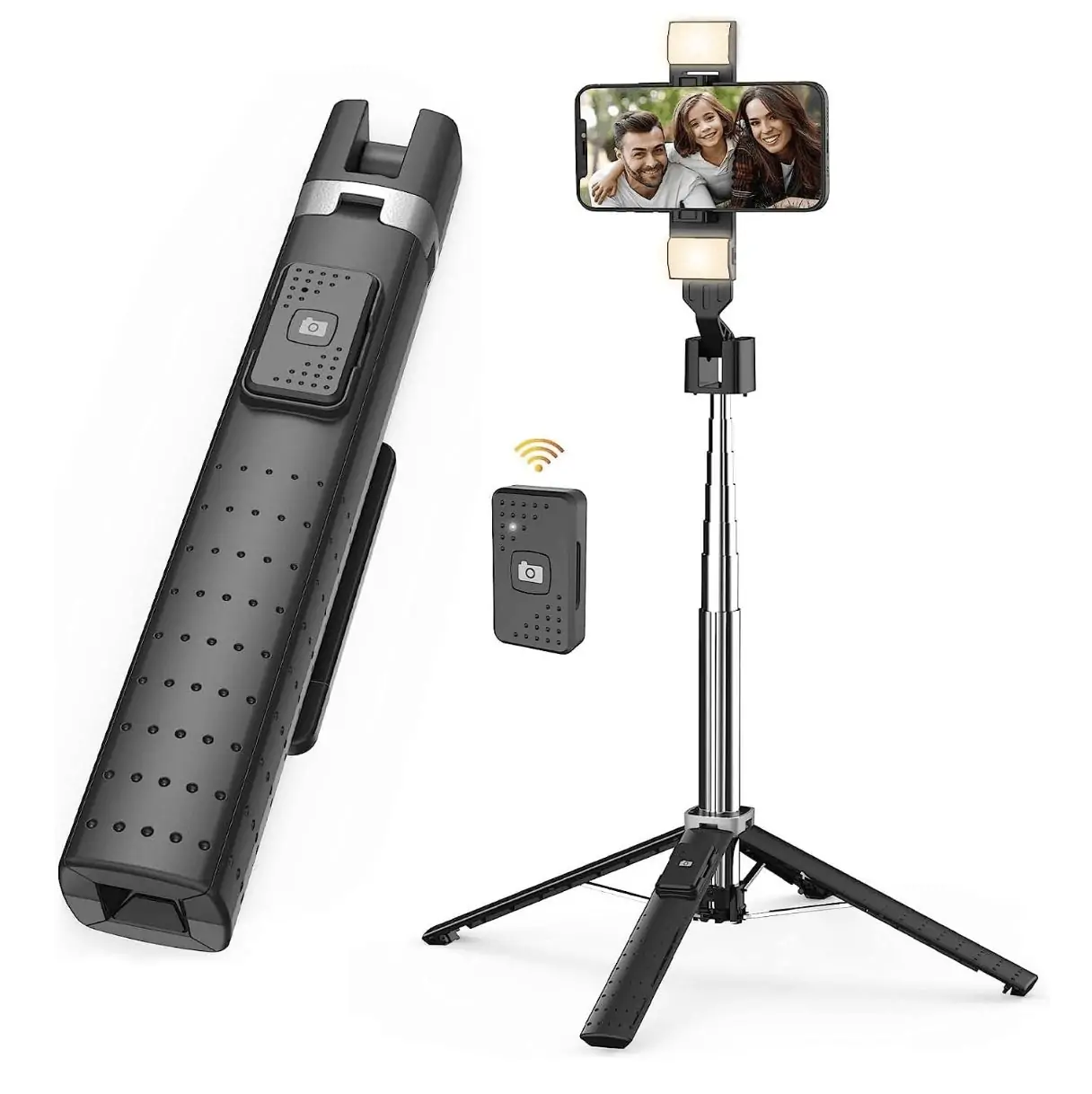 Extendable Quadrapod Selfie Stick Tripod with 2 Rechargeable Fill Lights - Bluetooth Remote - 41 Inches