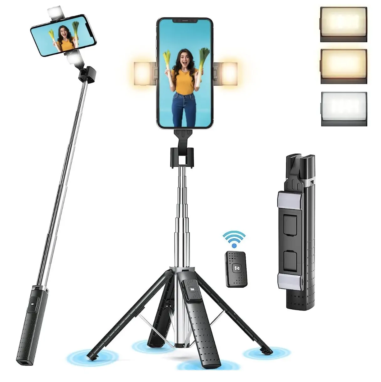 Extendable Quadrapod Selfie Stick Tripod with 2 Rechargeable Fill Lights - Bluetooth Remote - 41 Inches1 Extendable Quadrapod Selfie Stick Tripod with 2 Rechargeable Fill Lights - Bluetooth Remote - 41 Inches1