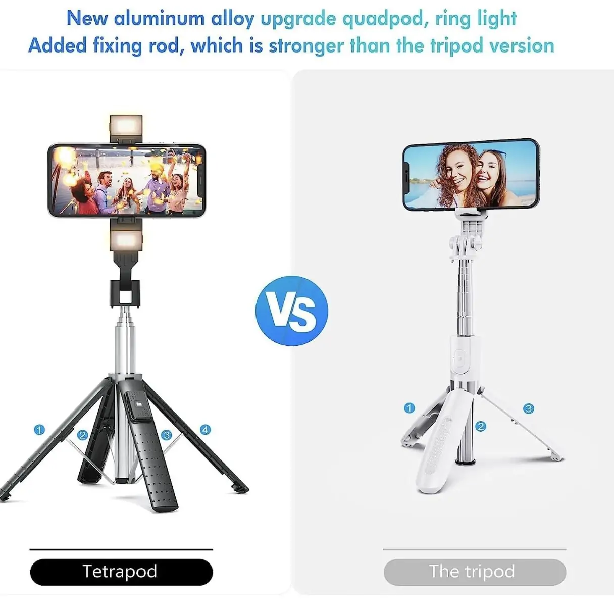 Extendable Quadrapod Selfie Stick Tripod with 2 Rechargeable Fill Lights - Bluetooth Remote - 41 Inches3 Extendable Quadrapod Selfie Stick Tripod with 2 Rechargeable Fill Lights - Bluetooth Remote - 41 Inches3