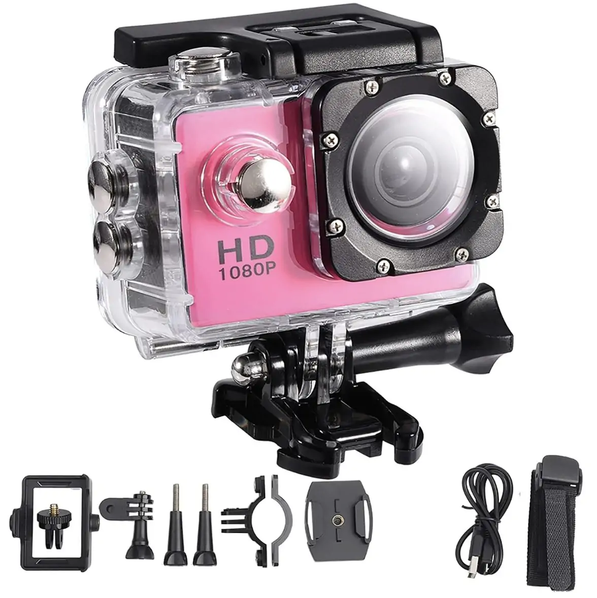 VEMONT Full HD 2.0 Inch Action Camera - 1080P 12MP 30m:98ft Underwater Waterproof with Mounting Accessories Kit - Pink