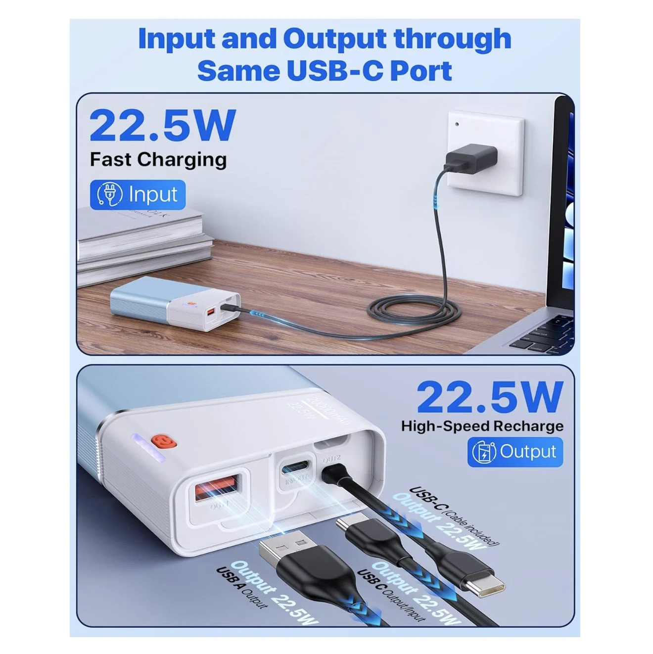 Aluminium Shell Super Fast Charging Power Bank - 22.5W PD 3.0+QC 4.0 - 20000mAh - Blue White3 Aluminium Shell Super Fast Charging Power Bank - 22.5W PD 3.0+QC 4.0 - 20000mAh - Blue White3