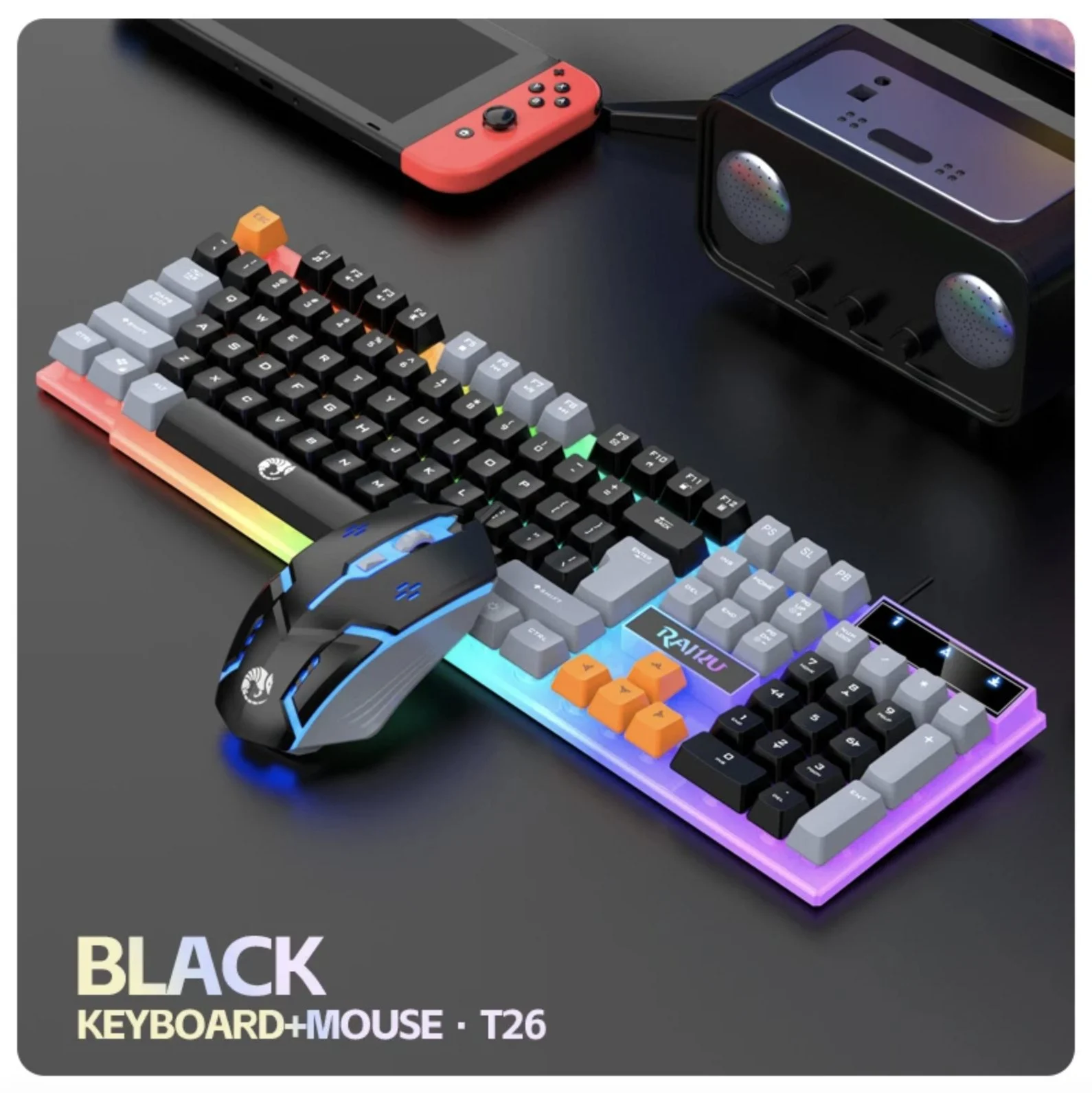 Luminous USB Wired Keyboard And Mouse Set - Mechanical Keyboard - Black Grey Mixed Key Caps4