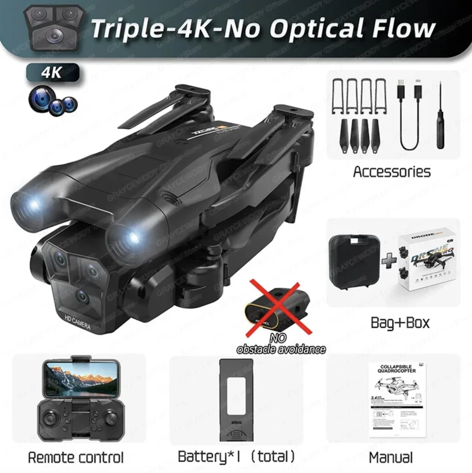 M4 4K Professinal Foldable RC Helicopter With Wide Angle Triple HD Camera WIFI FPV Height Hold - Black1 M4 4K Professinal Foldable RC Helicopter With Wide Angle Triple HD Camera WIFI FPV Height Hold - Black1