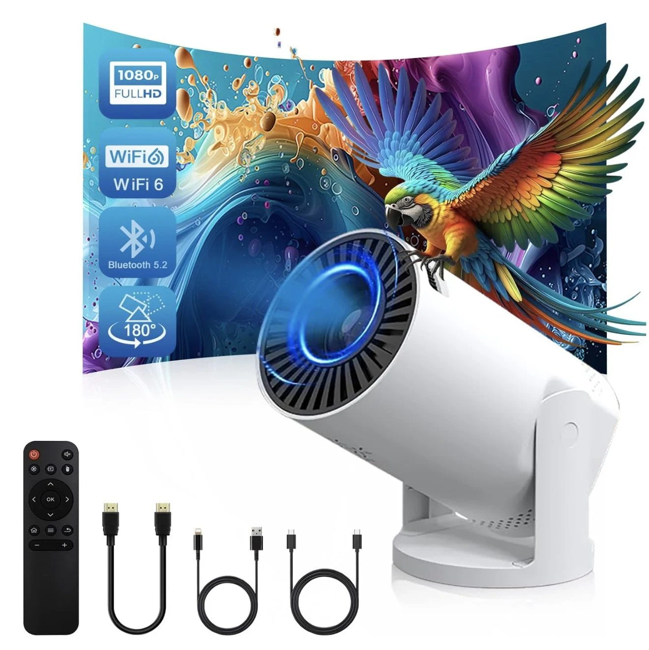 Wireless Mini Projector with WIFI 6 and 5G, 4K 1080P Support - 180° Rotatable. 17-140 Screen Display